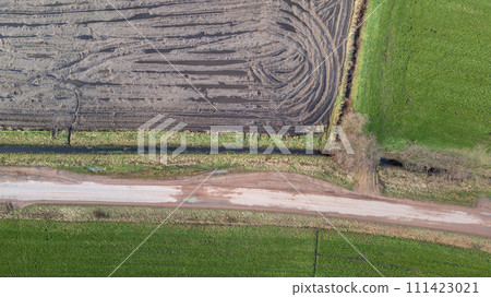 Contrasting Agricultural Patterns: Aerial View of Cultivated Land Contrasting Agricultural Patterns: Aerial View of Cultivated Land 111423021