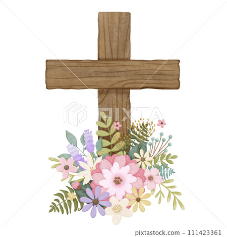 Hand draw wooden cross with flowers, Easter illustration Hand draw wooden cross with flowers, Easter illustration 111423361