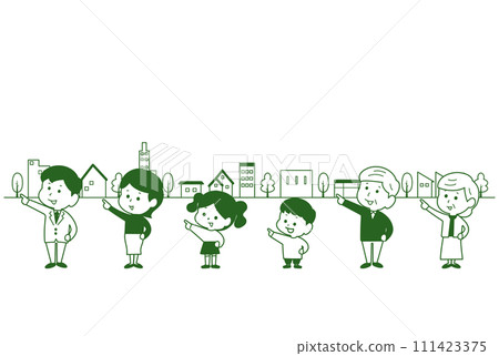 Two families pointing in front of the cityscape 111423375