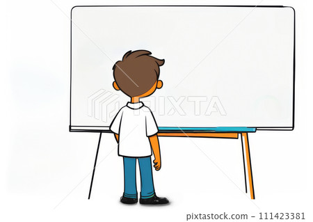 An eight-year-old boy stands with his back to the school white board 111423381