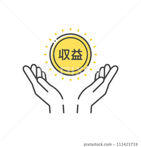 收入詞和一個人手裡拿著硬幣的圖標-簡單的總收入/貨幣化圖像材料 111423719