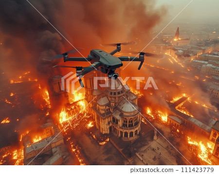 military drone over burning Moscow 111423779