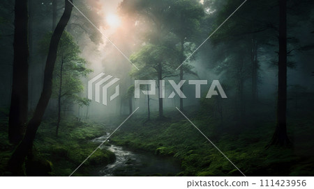 Beautiful green forest, dark mode tones, long exposure picture, small river. AI-generated item 111423956