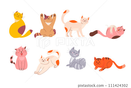 Cute smile cats set. Cartoon design collection of cat breeds in different poses. Funny kittens playing, stretching, sitting, relaxing 111424302