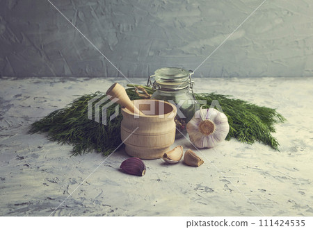 Salad ingredients. Organic fresh herbs coriander,  dill, parsley, garlic, spices . Copy space 111424535