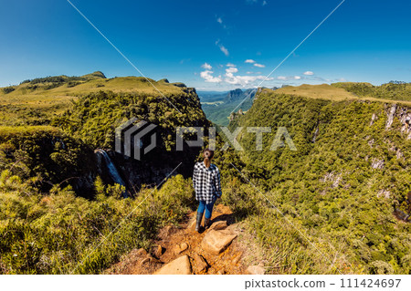 Hiker traveller woman in Espraiado Canyon park in Santa Catarina, Brazil. 111424697