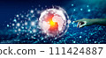 Businessman Leading the global world business community of network communication connected. Digital and technological convergence with abstract blue background. 111424887