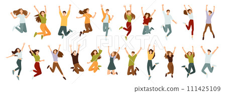 Big set of hugging people in flat style. Men and women are in a dynamic jumping pose. Big set of hugging people in flat style. Men and women are in a dynamic jumping pose. 111425109