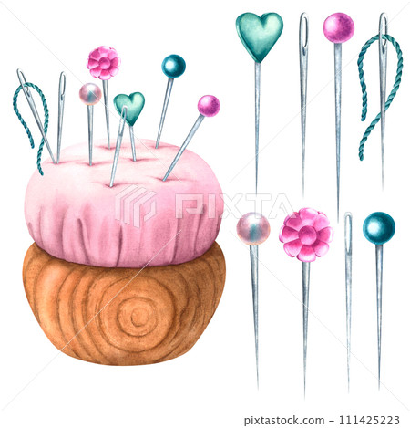 Pink sewing pincushion. Pins and needles with thread in pincushion clipart. Hand drawn watercolor illustration of sewing and embroidery supplies isolated on background. Hobby concept for handmade. Pink sewing pincushion. Pins and needles with thread in pincushion clipart. Hand drawn watercolor illustration of sewing and embroidery supplies isolated on background. Hobby concept for handmade. 111425223