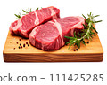 Fresh raw meat steaks on cutting board isolated on white background 111425285