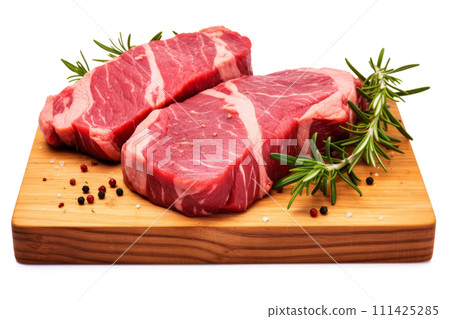 Fresh raw meat steaks on cutting board isolated on white background 111425285