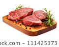 Fresh raw meat steaks on cutting board isolated on white background 111425373