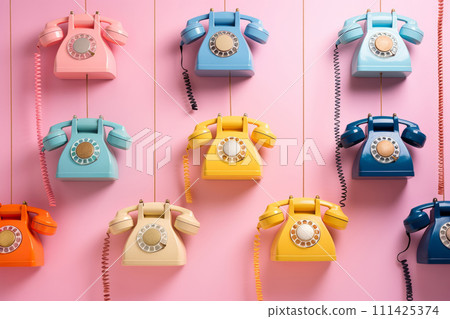 Colored retro telephones hanging on pink background. Colored retro telephones hanging on pink background. 111425374