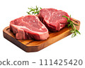 Fresh raw meat steaks on cutting board isolated on white background 111425420