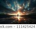 Lonely man standing in fantasy landscape with shining cloudy sky 111425424