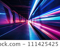 Glowing neon colored lines in cyberspace tunnel 111425425