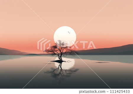 Minimalistic peaceful landscape with lonely tree 111425433