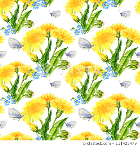 watercolor seamless pattern with summer field flowers, hand draw illustration of yellow dandelions and blow balls, leaves, herbs, butterfly and forget-me-not flower on white background watercolor seamless pattern with summer field flowers, hand draw illustration of yellow dandelions and blow balls, leaves, herbs, butterfly and forget-me-not flower on white background 111425479