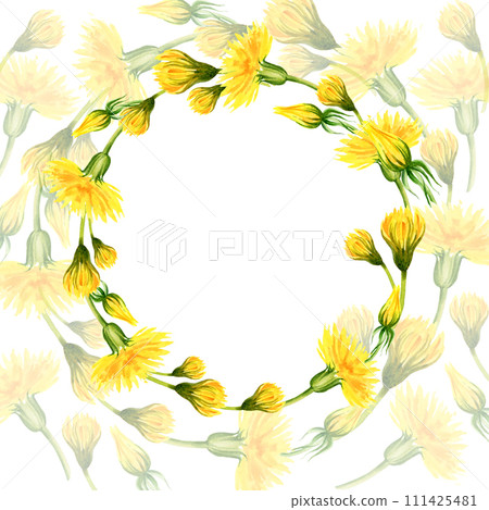 watercolor wreath with summer and spring yellow dandelion, hand draw summer field flowers, buds and herbs, sketch of spring yellow flowers on transparent yellow dandelion background watercolor wreath with summer and spring yellow dandelion, hand draw summer field flowers, buds and herbs, sketch of spring yellow flowers on transparent yellow dandelion background 111425481