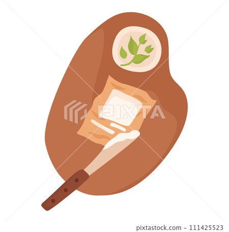 Avocado toast square cheese slice plate. Top view breakfast food, healthy eating concept. Avocado bread, modern vegan meal vector illustration Avocado toast square cheese slice plate. Top view breakfast food, healthy eating concept. Avocado bread, modern vegan meal vector illustration 111425523