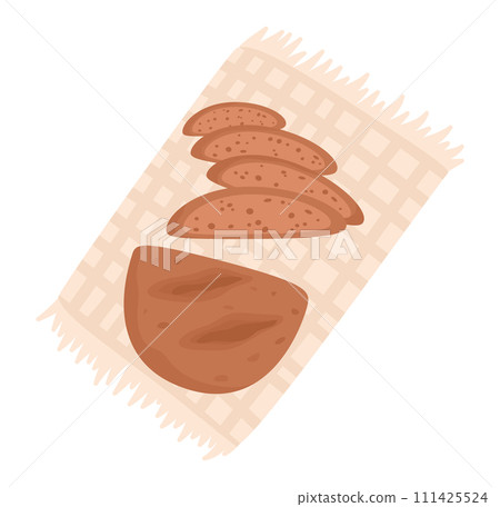 Loaf rye bread sliced napkin. Bakery homemade bread, fresh bakery produce concept, healthy food vector illustration Loaf rye bread sliced napkin. Bakery homemade bread, fresh bakery produce concept, healthy food vector illustration 111425524