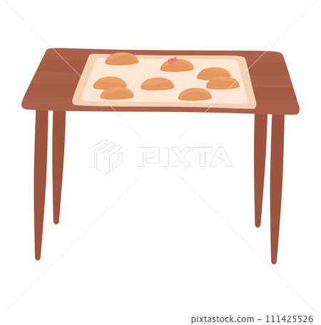 Wooden table freshly baked bread loaves baking sheet. Baking bread homemade concept. Bakery breadmaking vector illustration Wooden table freshly baked bread loaves baking sheet. Baking bread homemade concept. Bakery breadmaking vector illustration 111425526