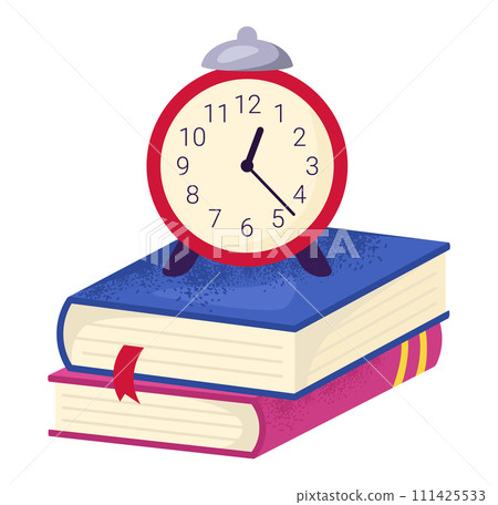 Alarm clock stack books, suggesting time management deadline. Education concept exam preparation vector illustration 111425533