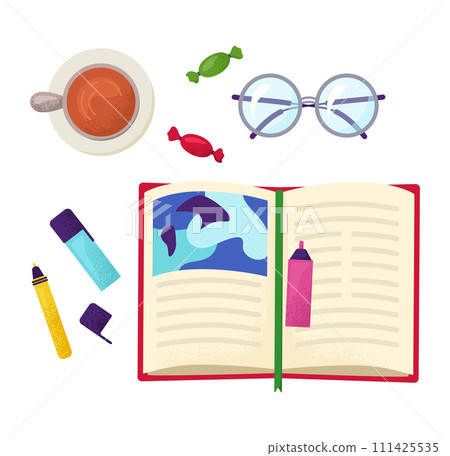 Flat lay open book, cup tea, glasses, candies, eraser, highlighter, pencil desk. Study essentials reading concept. Relaxing book hot drink vector illustration 111425535