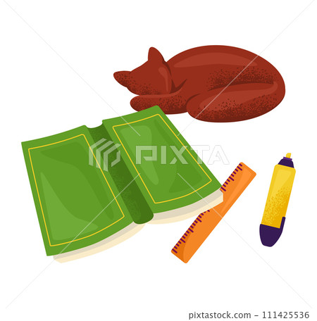 Red cartoon cat sleeping next open green book, ruler yellow marker. Comfortable home study concept, cozy education environment vector illustration 111425536