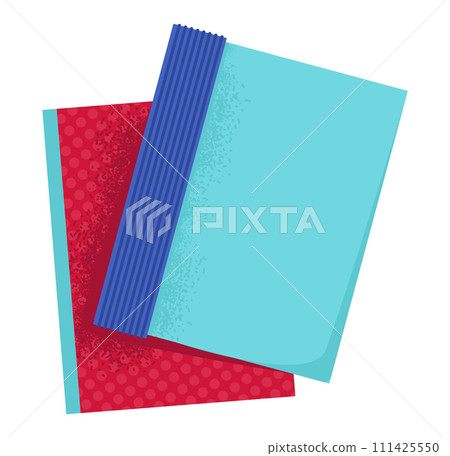 Assorted colored textured papers stacked. Red blue scrapbook sheets. Craft, art, stationery vector illustration 111425550