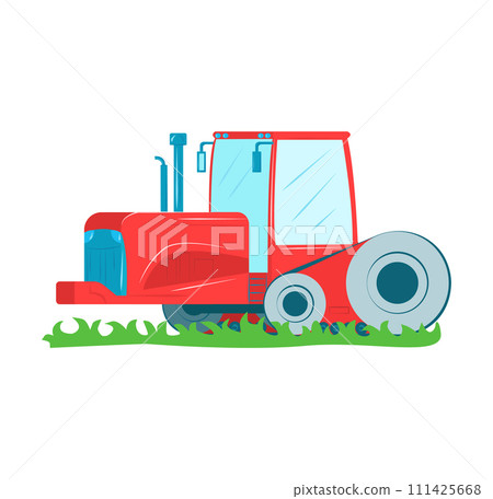 Red combine harvester green grass. Farming agricultural machinery crop harvesting. Flat agricultural equipment vector illustration 111425668