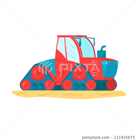 Red blue modern crawler tractor yellow soil. Farming equipment agriculture needs vector illustration Red blue modern crawler tractor yellow soil. Farming equipment agriculture needs vector illustration 111425673