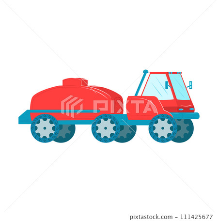 Red farm tractor large wheels, side view white background. Agriculture machinery farming. Modern agricultural equipment vector illustration 111425677