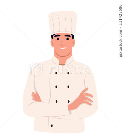 Chef in uniform with hat background. Chef restaurant and hotel. Smiling young chef standing with crossed arms. 111425686