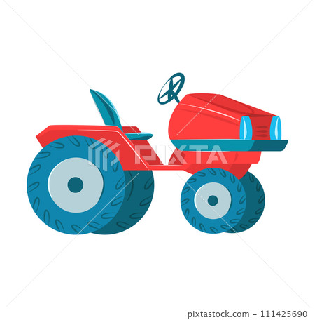 Red cartoon tractor oversized wheels, isolated white. Childrens toy farm vehicle design. Simple machine kids vector illustration Red cartoon tractor oversized wheels, isolated white. Childrens toy farm vehicle design. Simple machine kids vector illustration 111425690