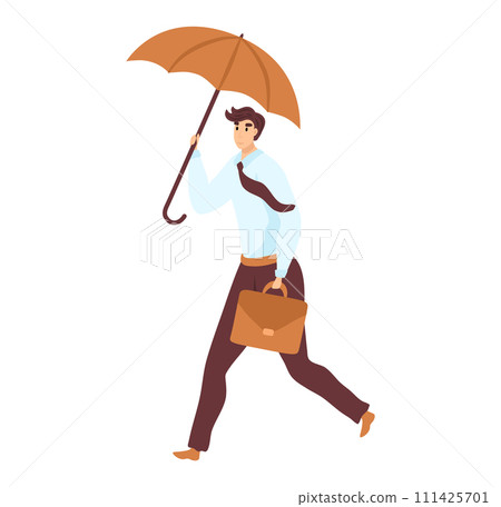 Young businessman walking umbrella briefcase. Confident male professional strides protection rain. Prepared weather corporate life vector illustration 111425701