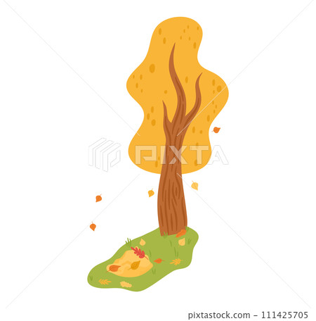Autumn tree yellow foliage fallen leaves. Seasonal nature scene, fall landscape. Relaxing autumn atmosphere vector illustration 111425705
