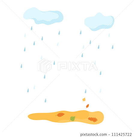 Rain shower over puddle fallen leaves autumn scene. Simple weather seasonal raindrops. Seasonal weather autumnal mood vector 111425722