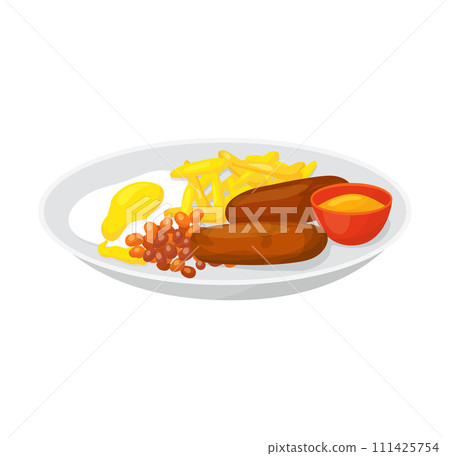 Plate fried chicken, fries, beans, ketchup, mustard. Delicious fast food meal vector illustration 111425754