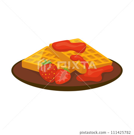 Belgian waffles strawberries syrup plate. Delicious breakfast food fresh fruit vector illustration 111425782