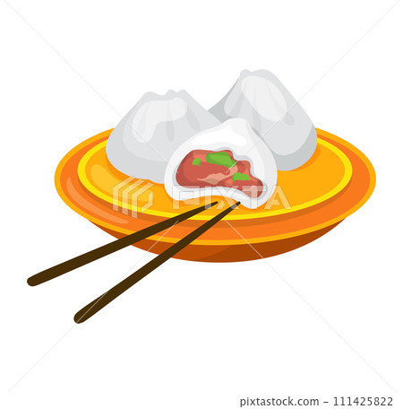 Description Vector illustration Asian dumplings, also known dim sum, orange plate. One dumpling cut open showing meat vegetable filling, alongside chopsticks, style cartoonish, suitable menu art Description Vector illustration Asian dumplings, also known dim sum, orange plate. One dumpling cut open showing meat vegetable filling, alongside chopsticks, style cartoonish, suitable menu art 111425822