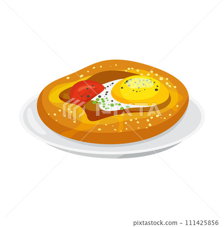 Cartoon Georgian khachapuri egg cheese plate. Traditional Caucasian cuisine vector illustration 111425856