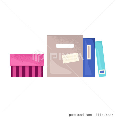 Colorful binders folders standing upright. Office supplies organization document storage vector illustration Colorful binders folders standing upright. Office supplies organization document storage vector illustration 111425887