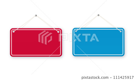 Red and blue shop door signs hanging isolated . Empty or blank sign for store, restaurant or cafe. Vector 111425917