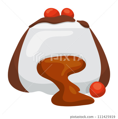 Chocolate syrup pouring on vanilla ice cream in a glass bowl, dessert treat. Ice cream sundae, sweet treat vector illustration. Chocolate syrup pouring on vanilla ice cream in a glass bowl, dessert treat. Ice cream sundae, sweet treat vector illustration. 111425919