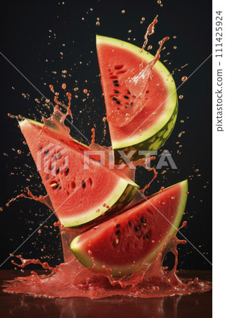 AI-generated content. Watermelon slices with vibrant juice splash against a dark background 111425924