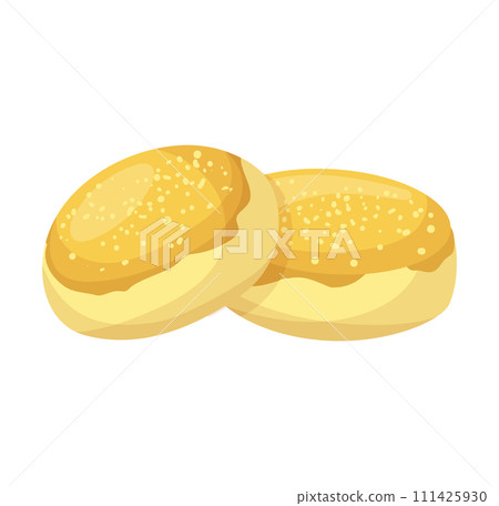 Two golden brown bakery bread rolls sesame seeds. Fresh baked goods, breakfast bakery product vector illustration 111425930