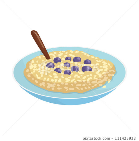 Bowl oatmeal blueberries spoon light background. Healthy breakfast food, oat porridge vector illustration Bowl oatmeal blueberries spoon light background. Healthy breakfast food, oat porridge vector illustration 111425938