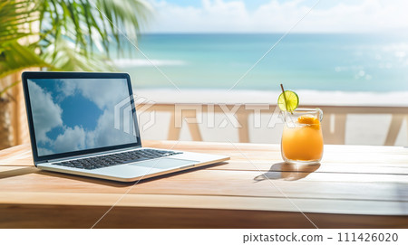A serene remote work setup with an open laptop on a wooden desk, a refreshing beverage, and tropical beach views in the background, evoking a tranquil work-life balance 111426020