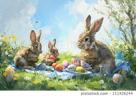 Rabbit family enjoying an Easter picnic, watercolor style, with decorated eggs, spring flowers Rabbit family enjoying an Easter picnic, watercolor style, with decorated eggs, spring flowers 111426244